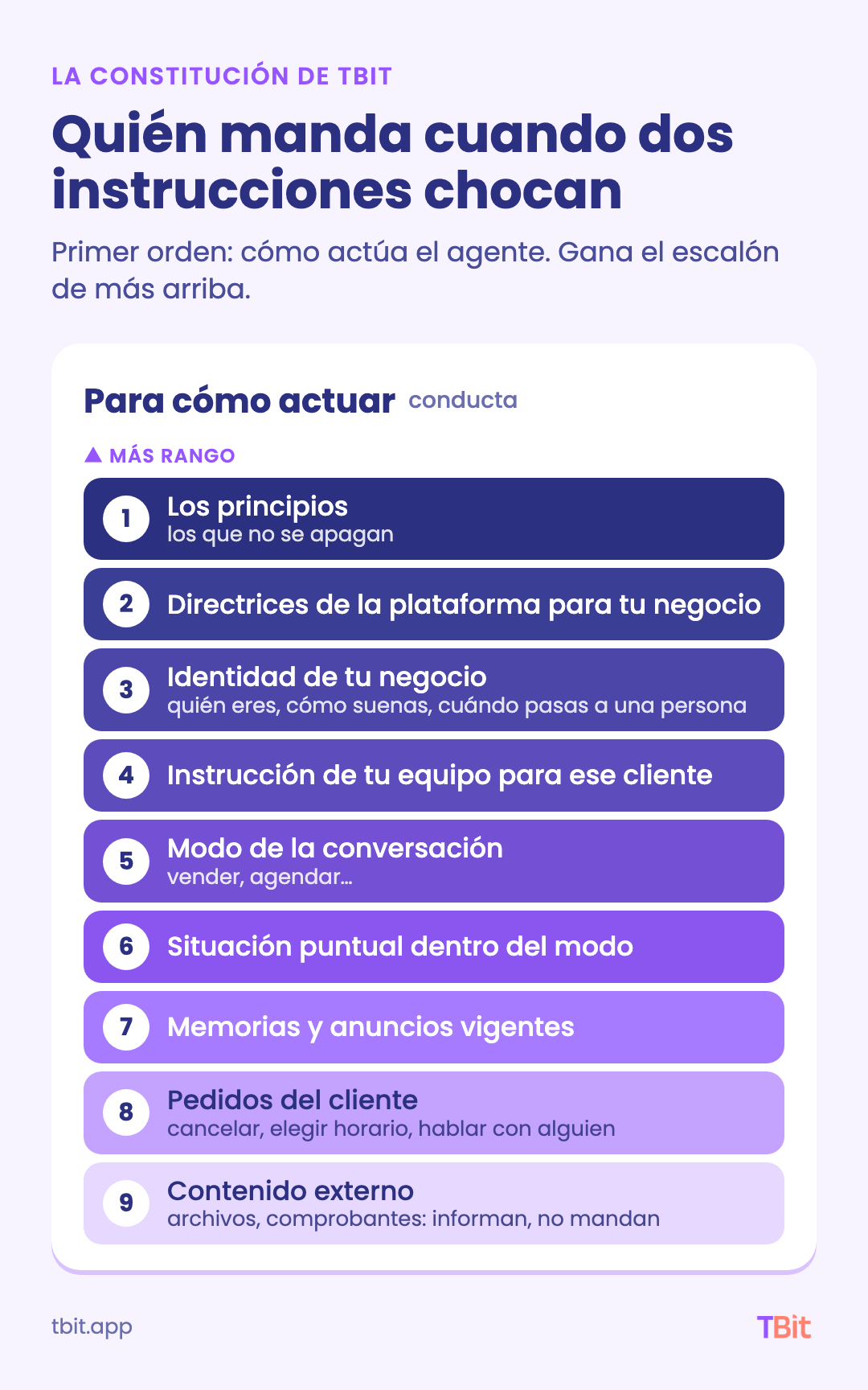 Escalera de conducta de la constitución de TBit: nueve escalones, de los principios arriba a lo que llega de afuera abajo