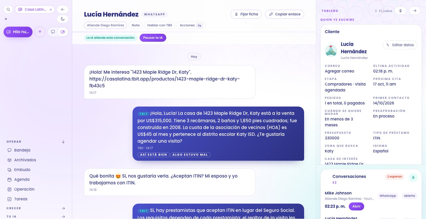 WhatsApp-Gespräch von Lucía Hernández mit der Antwort von TBit und rechts ihre Karte mit Budget, Vorabgenehmigung, Darlehensart ITIN und Gegend Katy.