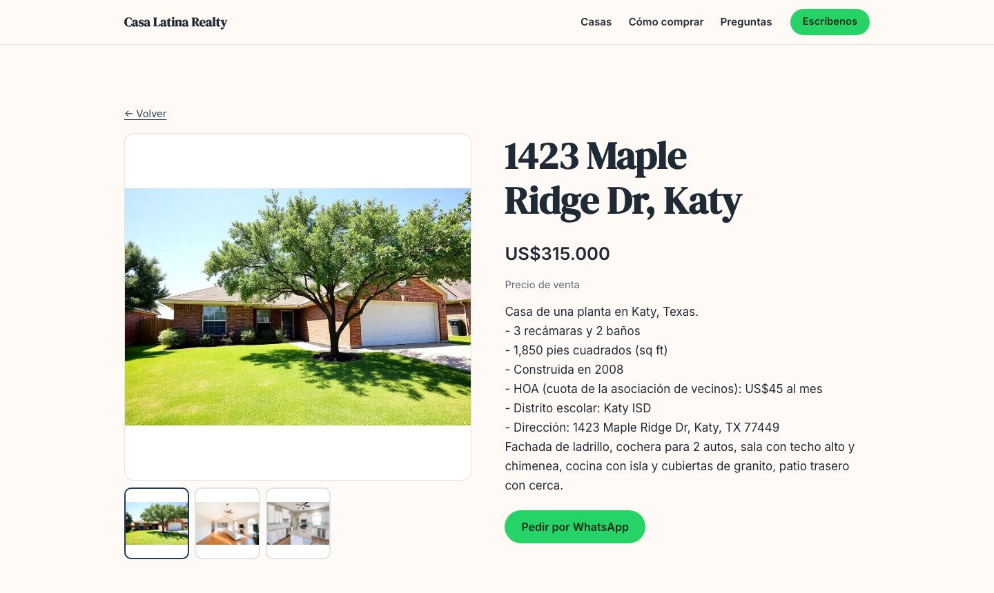 Eintrag des Hauses 1423 Maple Ridge Dr, Katy, auf der Website von Casa Latina Realty, mit Fotos, Preis, Daten und dem Button „Über WhatsApp anfragen“.