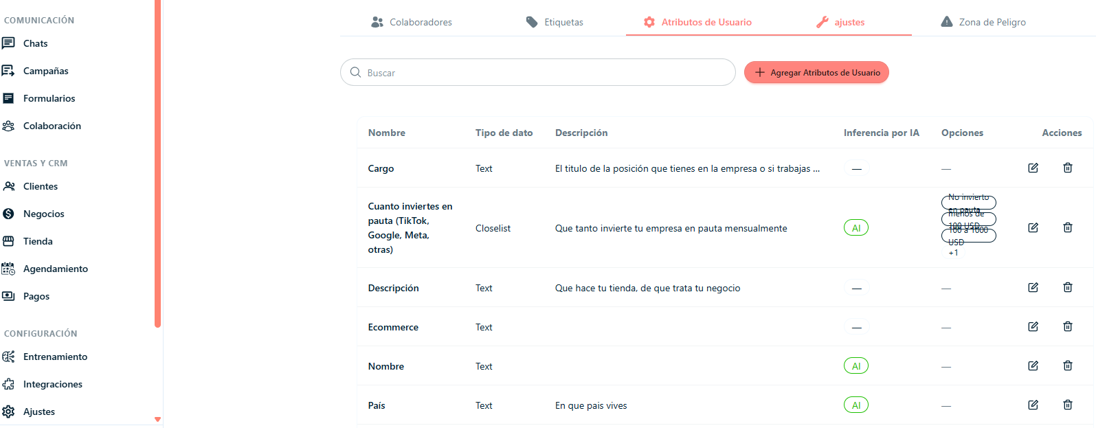 Menu de Ajustes y Atributos de Usuario