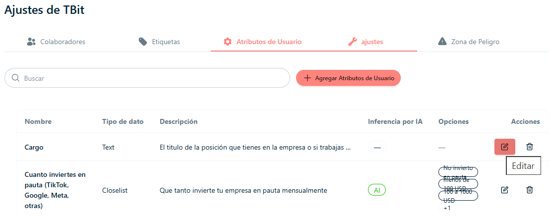 Lista de atributos creados