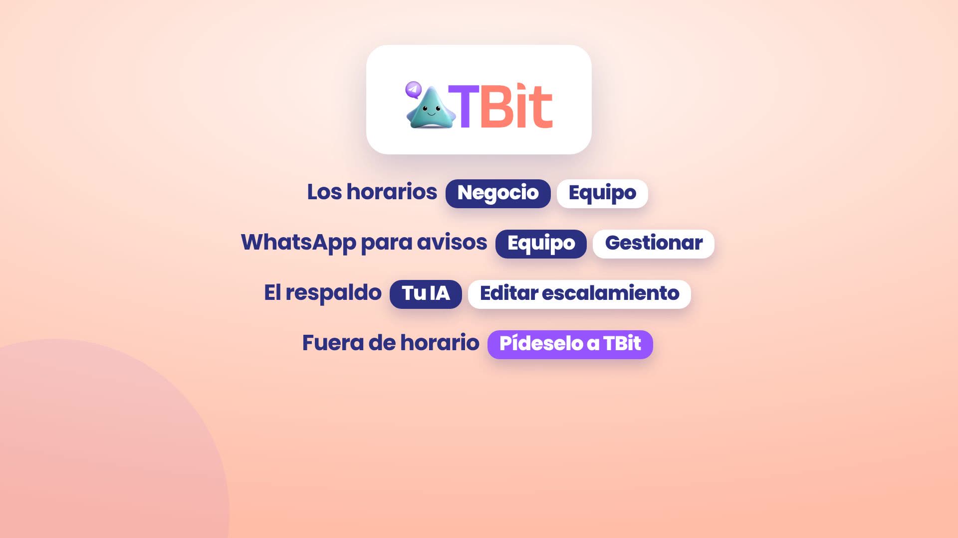 Où se trouve chaque chose : les horaires, dans Entreprise, Équipe ; le WhatsApp pour les alertes, dans Équipe, Gérer ; le remplaçant, dans Ton IA, Modifier l'escalade ; en dehors des horaires, demande-le à TBit.