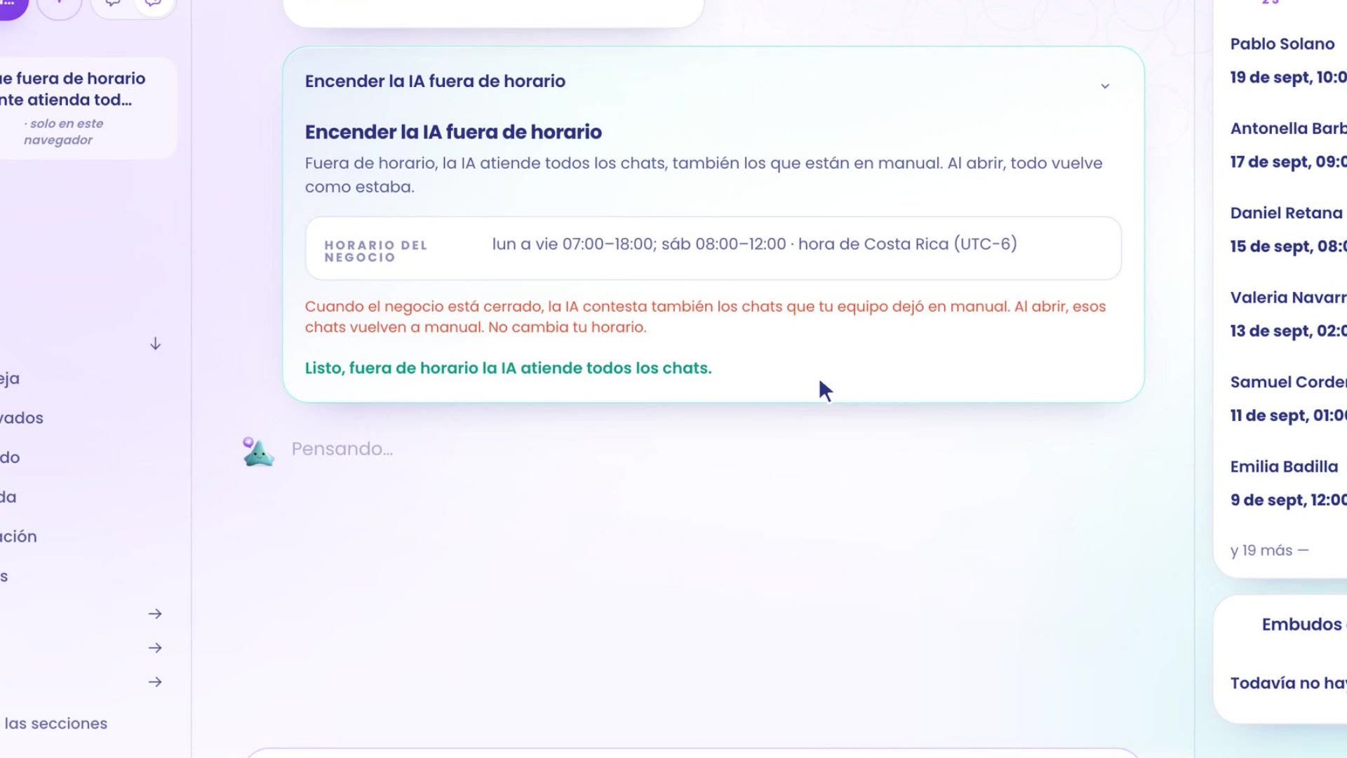 La même carte, déjà activée : C'est prêt, en dehors des horaires l'IA répond à toutes les discussions. La plaque indique Activée, uniquement quand la clinique est fermée.