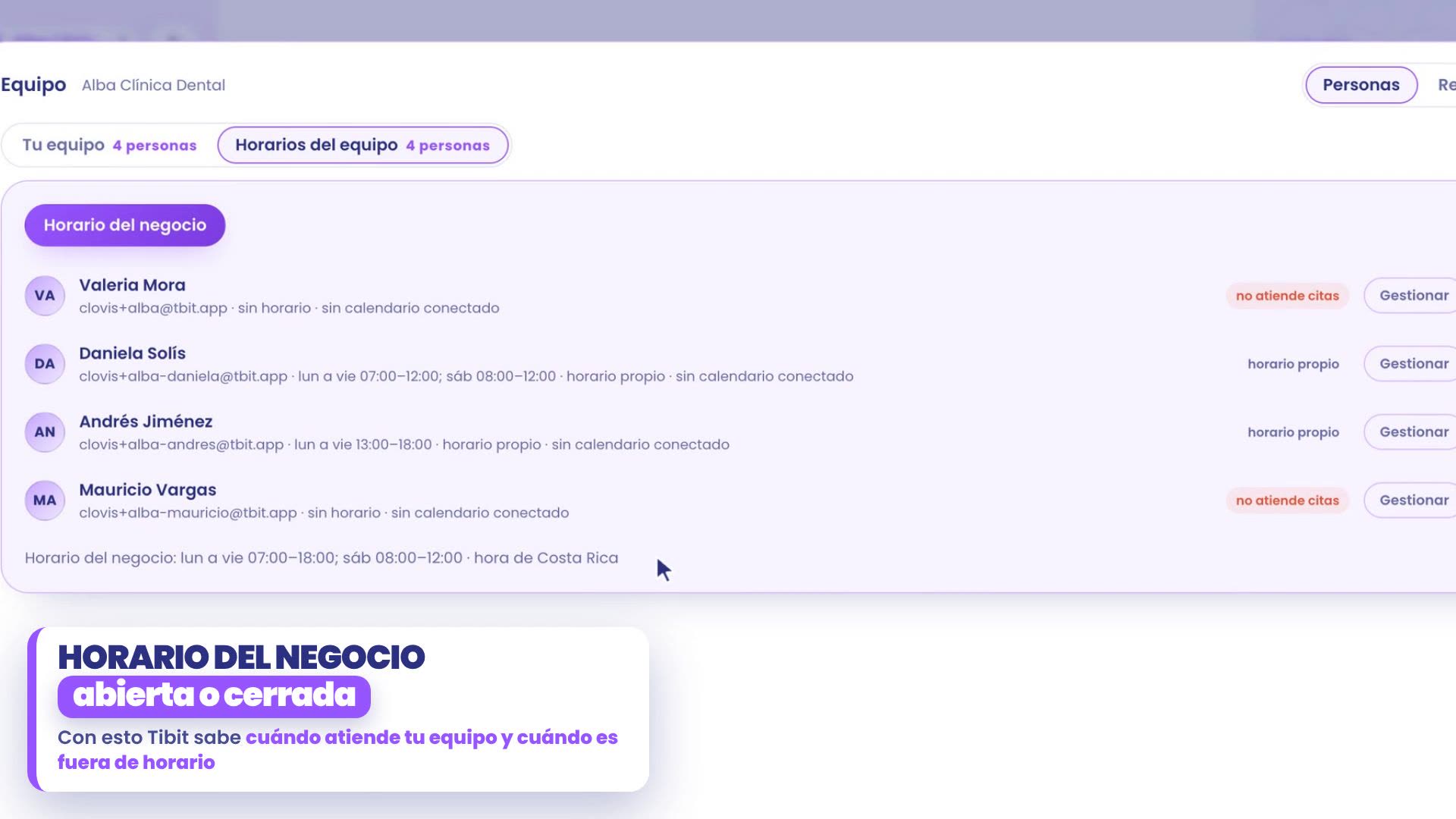 Équipe, onglet Horaires de l'équipe : le bouton Horaires du commerce et la liste de Valeria, Daniela, Andrés et Mauricio, chacun avec son bouton Gérer. En bas, Horaires du commerce : lun à ven 07h00 à 18h00, sam 08h00 à 12h00, heure du Costa Rica. La plaque dit : avec ça, TBit sait quand ton équipe est disponible et quand c'est hors horaires.