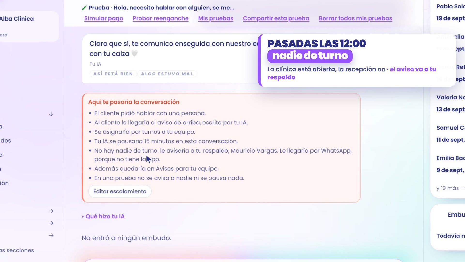 Tester passé 12h00, personne en service : la carte indique Personne n'est en service : il enverrait l'alerte à ton suppléant, Mauricio Vargas. Elle lui arriverait par WhatsApp, car il n'a pas l'appli.