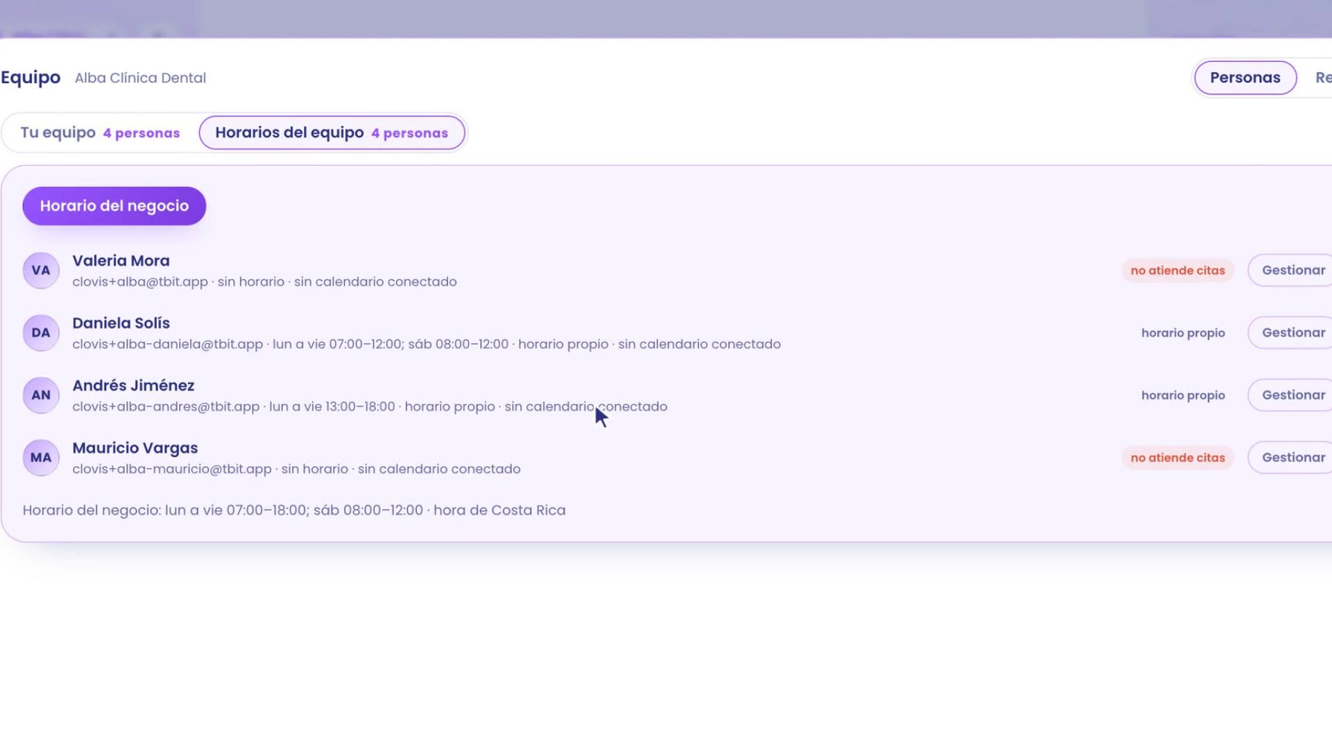 Horaires de l'équipe : Daniela Solís, lun à ven 07h00 à 12h00, horaire propre ; Andrés Jiménez, lun à ven 13h00 à 18h00, horaire propre.