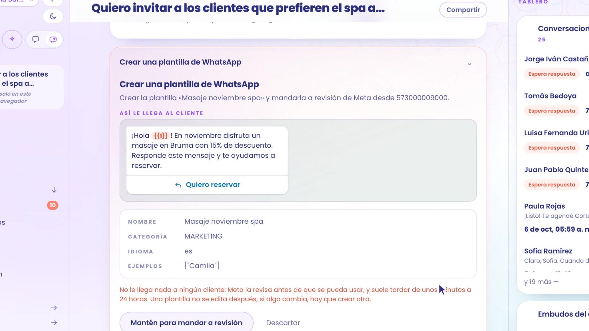 Hilo con TBit: tarjeta Crear una plantilla de WhatsApp, Masaje noviembre spa. Así le llega al cliente: ¡Hola {{1}}! En noviembre disfruta un masaje en Bruma con 15% de descuento, con el botón Quiero reservar. Abajo, el botón Mantén para mandar a revisión.