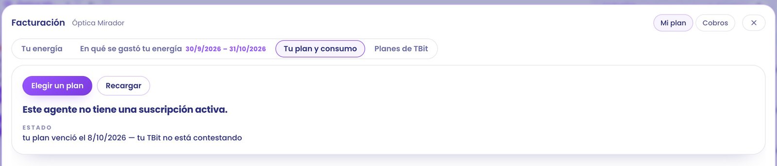 Your plan and usage with the expired plan: This agent doesn't have an active subscription, with the Choose a plan and Recharge buttons.