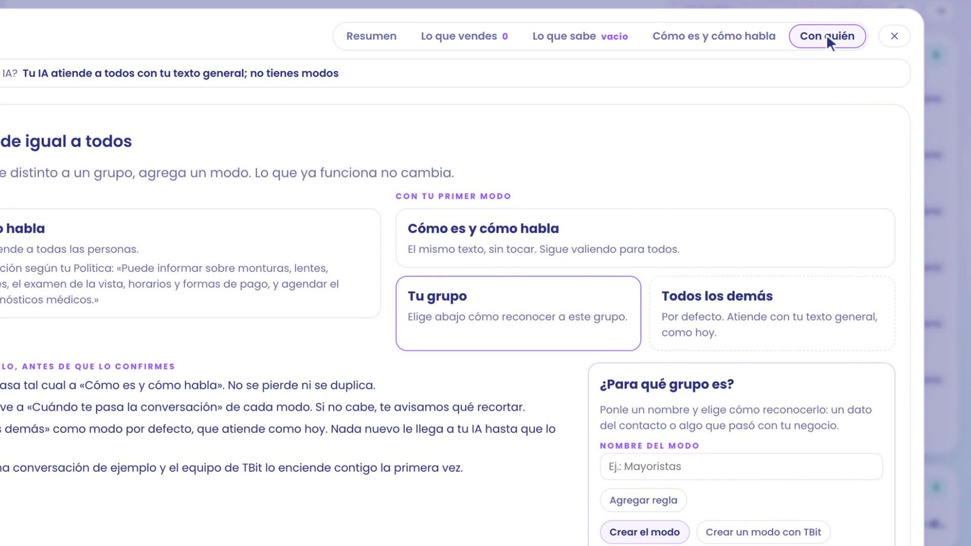 Ton IA, onglet Avec qui : aujourd'hui ton assistant traite tout le monde pareil ; avec ton premier mode, Ton groupe et Tous les autres.