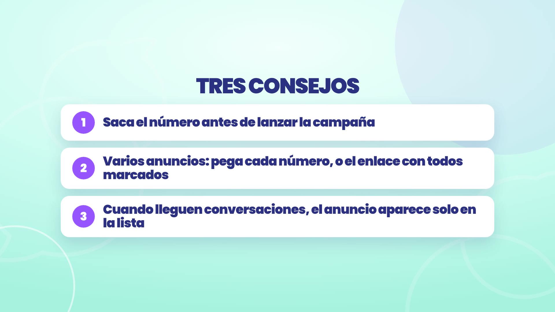 Trois conseils : récupère le numéro avant de lancer la campagne ; plusieurs annonces, colle chaque numéro ou le lien avec toutes cochées ; quand des conversations arrivent, l'annonce apparaît toute seule dans la liste.