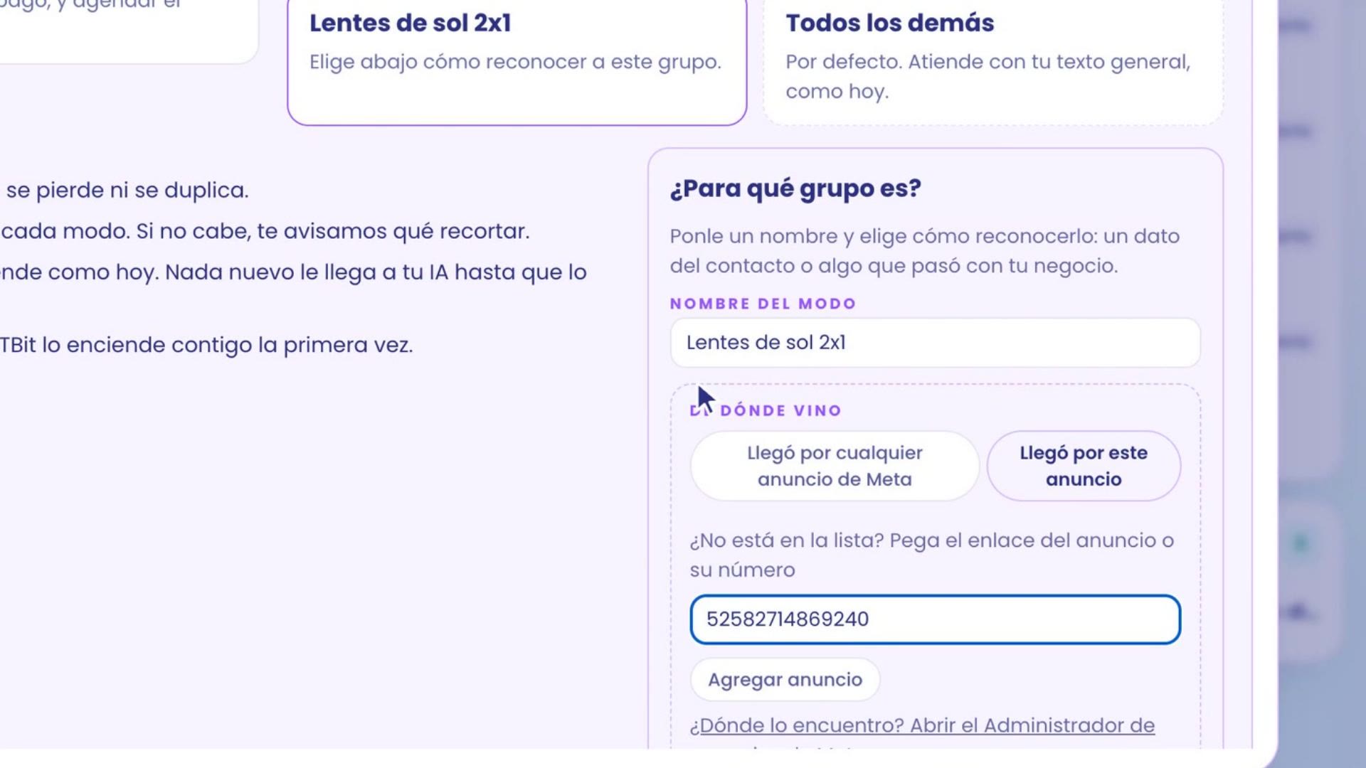 Règle D'où il vient, option Il est arrivé par cette annonce, avec le numéro 52582714869240 collé dans le champ et le bouton Ajouter l'annonce.