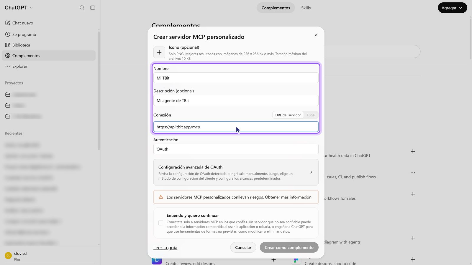 Formulario con el nombre Mi TBit y la dirección del servidor de TBit.