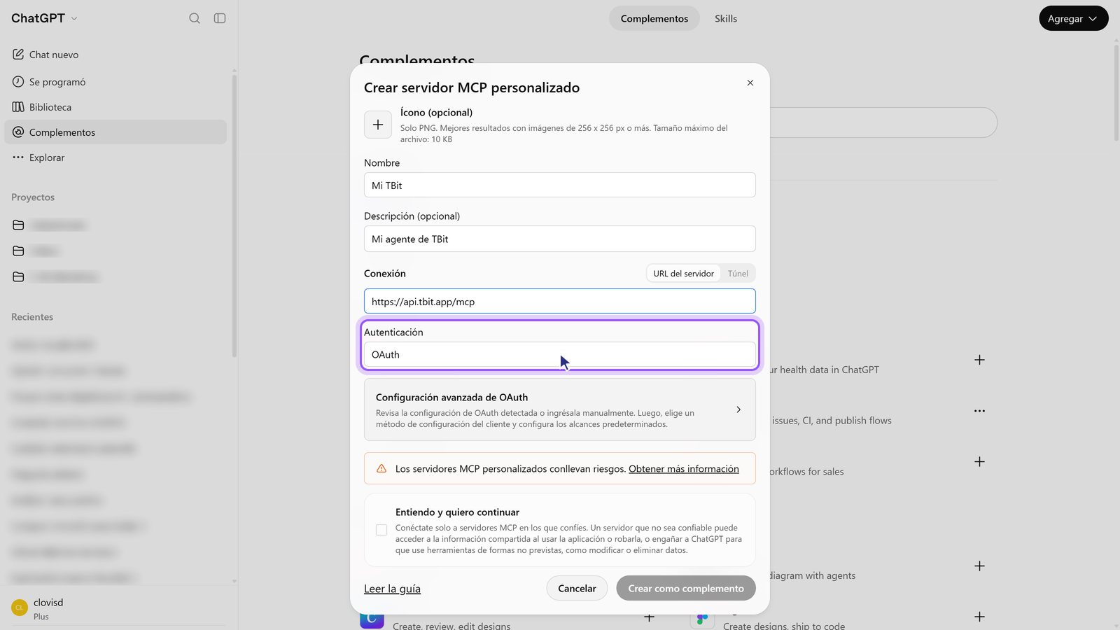 Campo Autenticación con OAuth seleccionado.