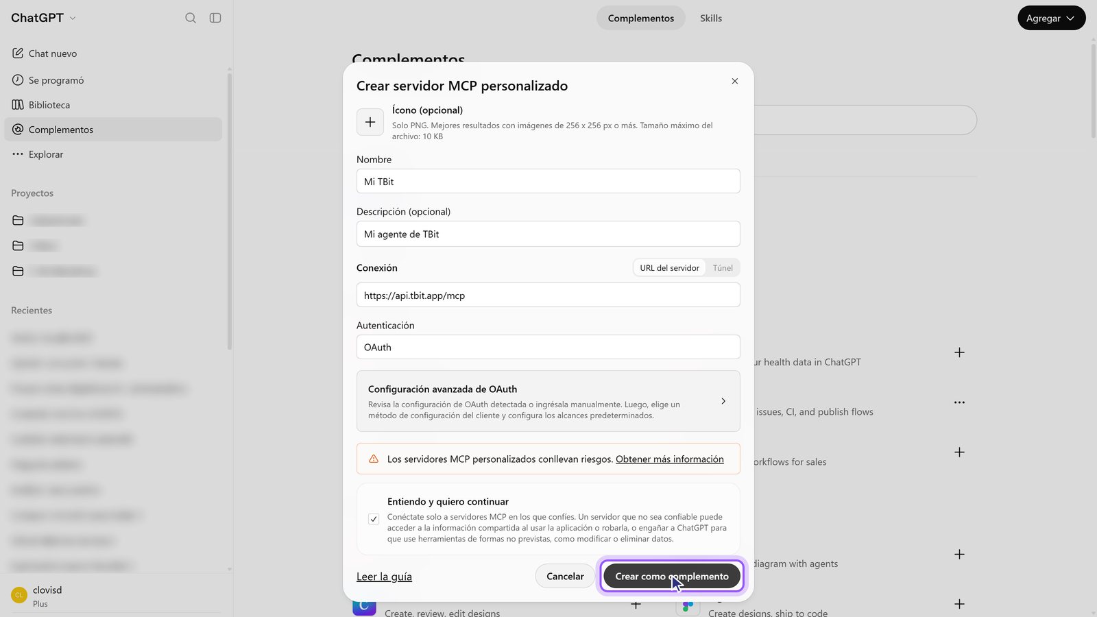 Botón Crear como complemento resaltado.