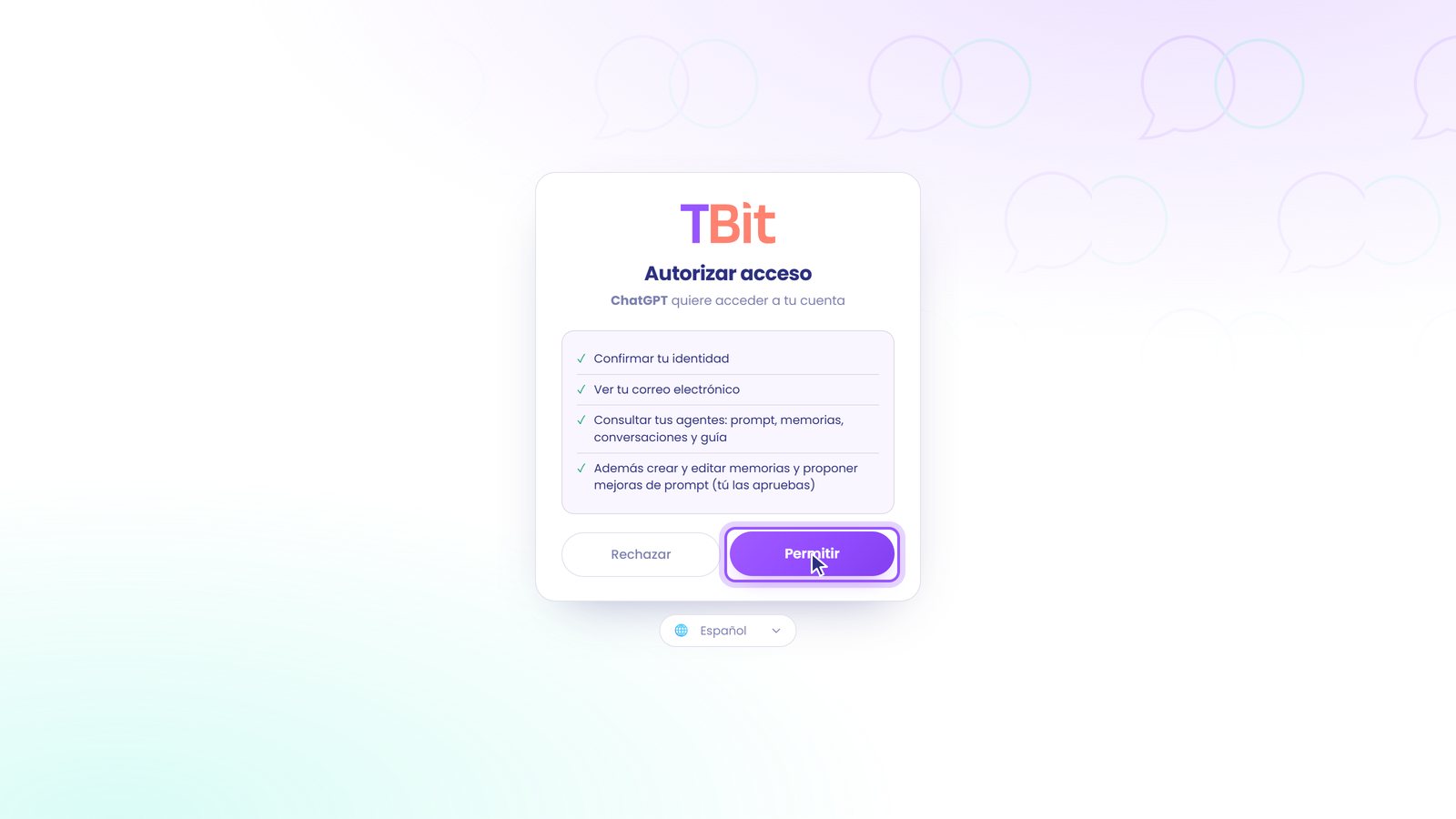 Pantalla Autorizar acceso de TBit con el botón Permitir.