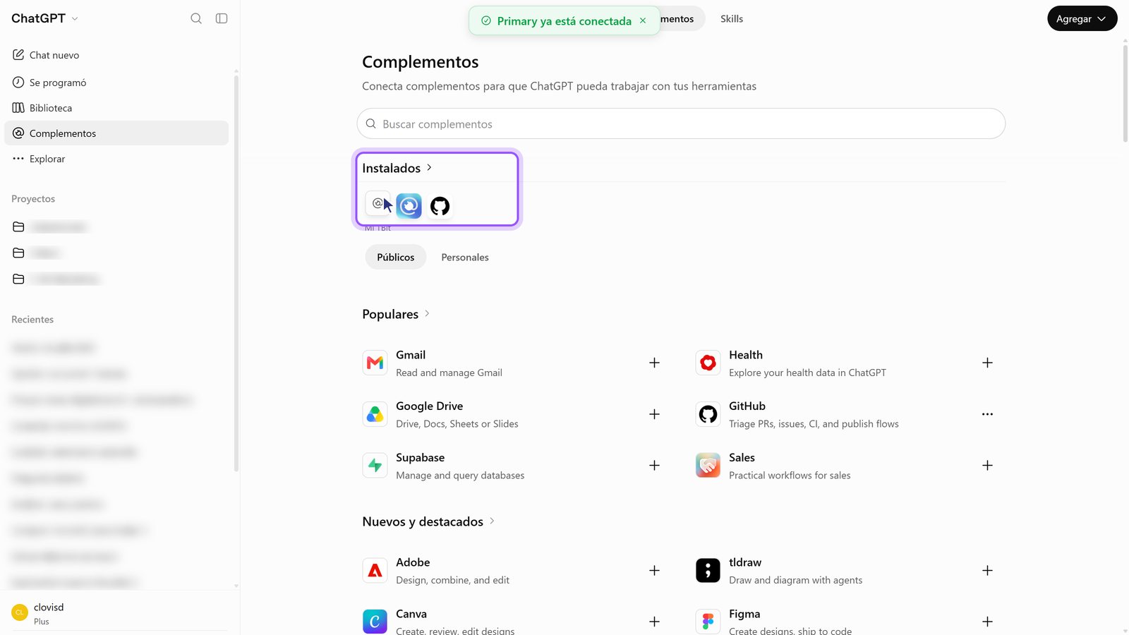Complementos con el nuevo complemento en Instalados y un aviso verde de conexión.