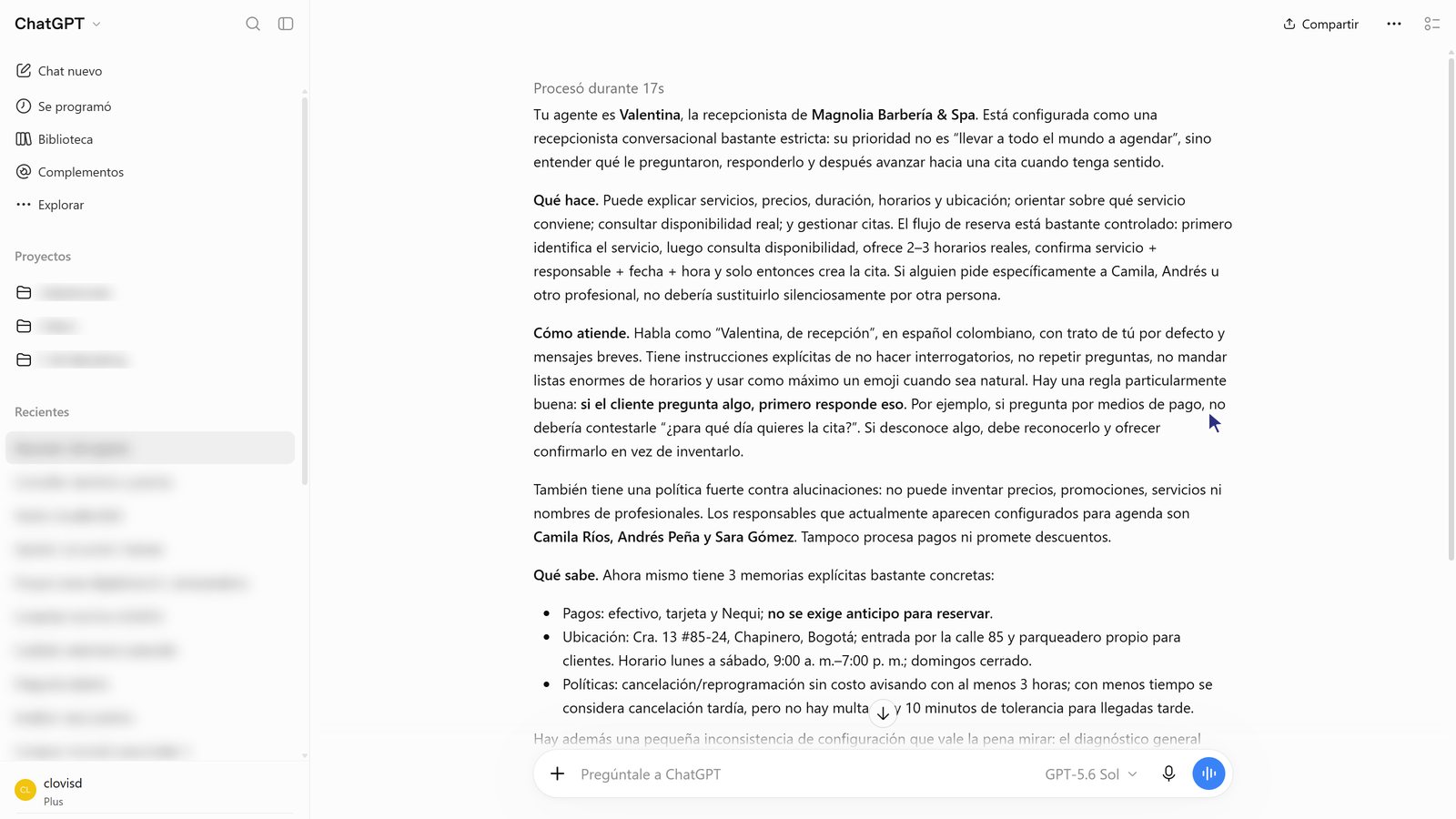 Respuesta de ChatGPT con el resumen del agente Valentina.