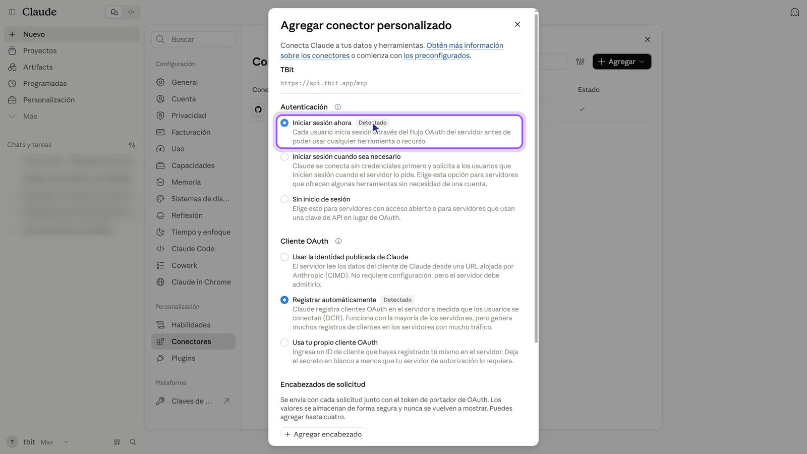 Opciones de autenticación con Iniciar sesión ahora detectado.