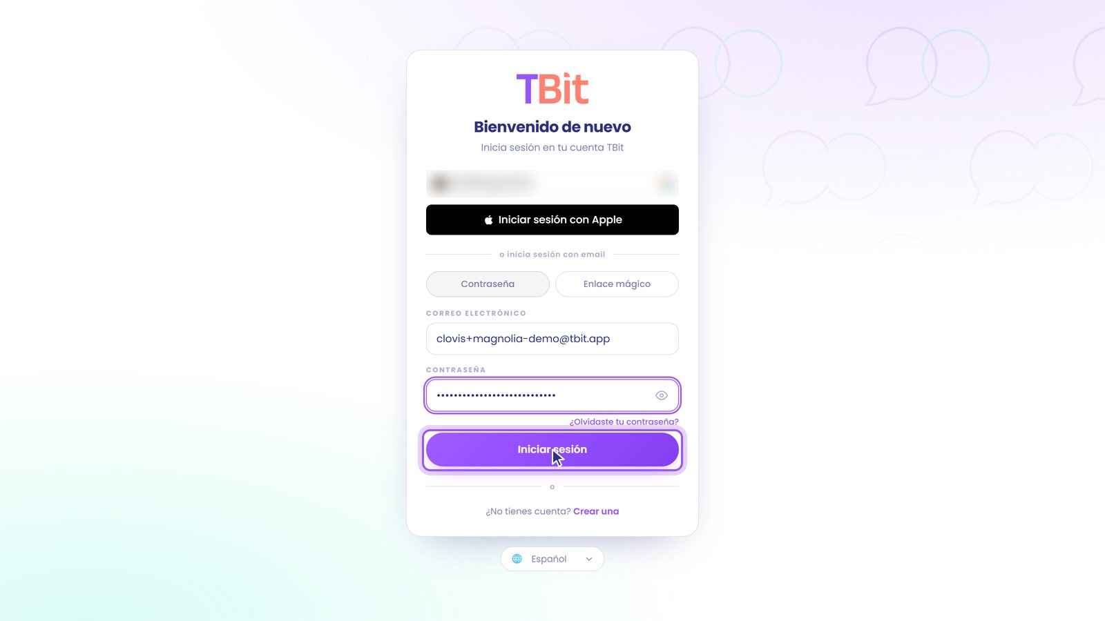 Pantalla de inicio de sesión de TBit.