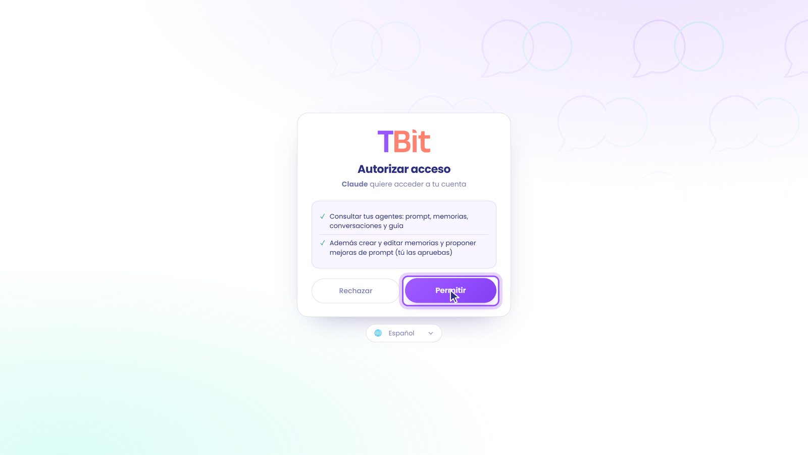 Pantalla Autorizar acceso de TBit con el botón Permitir.