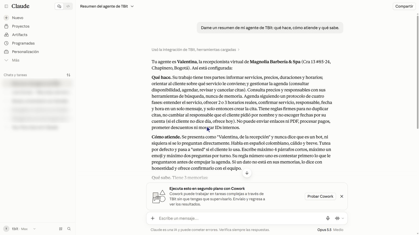 Respuesta de Claude con el resumen del agente Valentina.