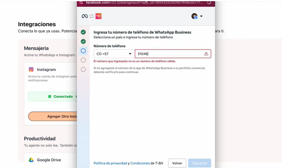 Ingreso del numero de WhatsApp Business
