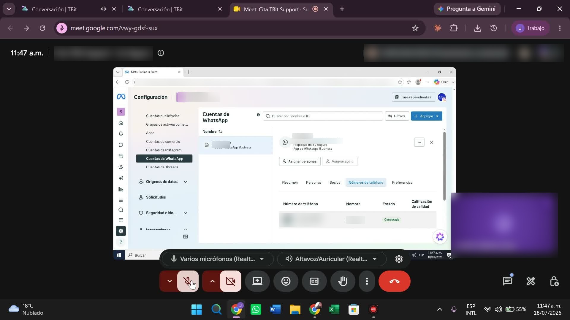 La vista en el Business Manager: Cuentas de WhatsApp → Números de teléfono → estado «Conectado».