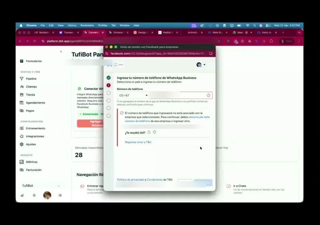 El error visto desde el flujo de conexión de TBit: el número pertenece a otra «empresa» (el portafolio oculto).