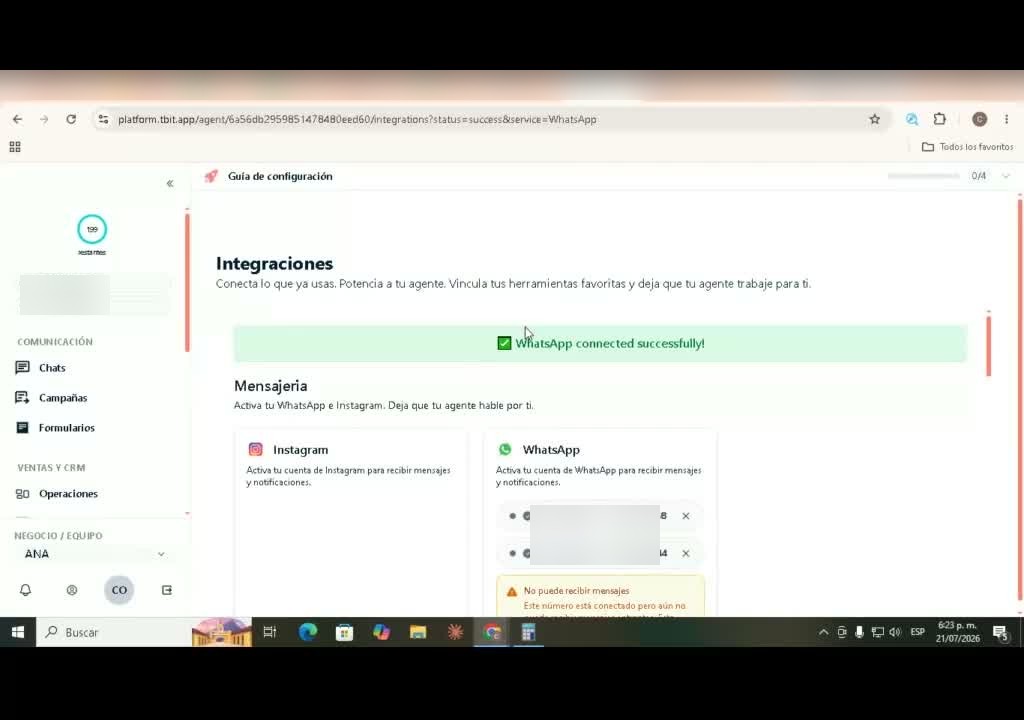 El final feliz: «WhatsApp connected successfully!» y el canal «Conectado» en TBit.