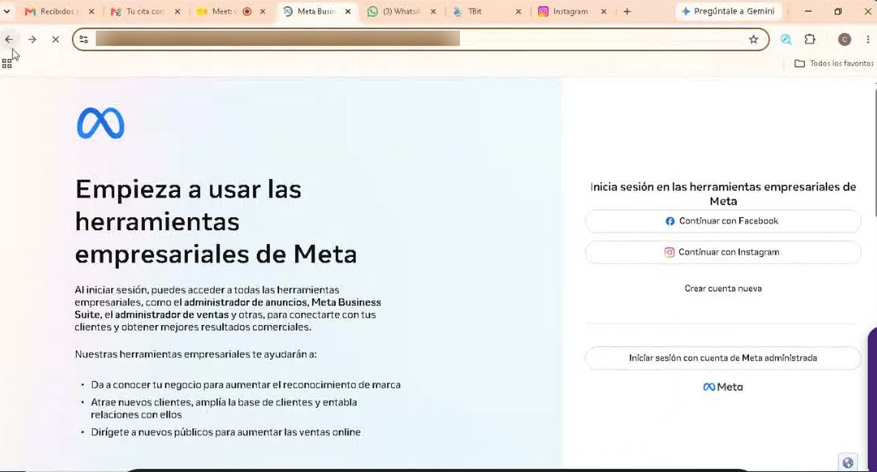 Entrar a las herramientas empresariales de Meta con «Continuar con Instagram»: así aparece el portafolio implícito.