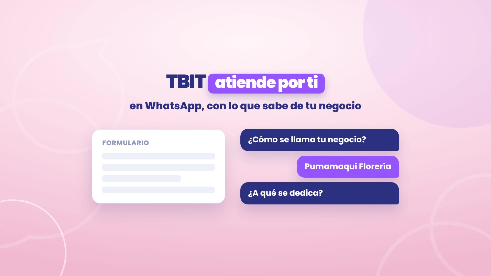 TBit répond pour toi sur WhatsApp, avec ce qu'il sait de ton entreprise. À gauche, un formulaire vide ; à droite, la conversation : Comment s'appelle ton entreprise ?, Pumamaqui Florería, Que fais-tu ?