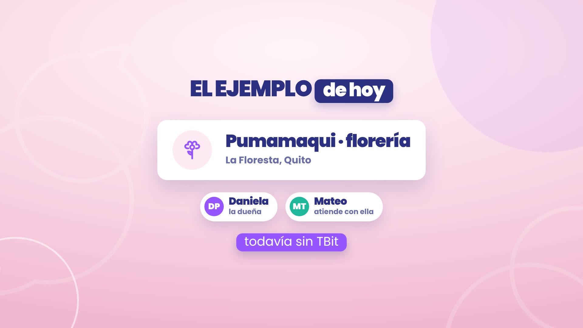 L'exemple du jour : Pumamaqui, fleuriste à La Floresta, Quito. Daniela, la propriétaire, et Mateo, qui répond avec elle. Pas encore de TBit.