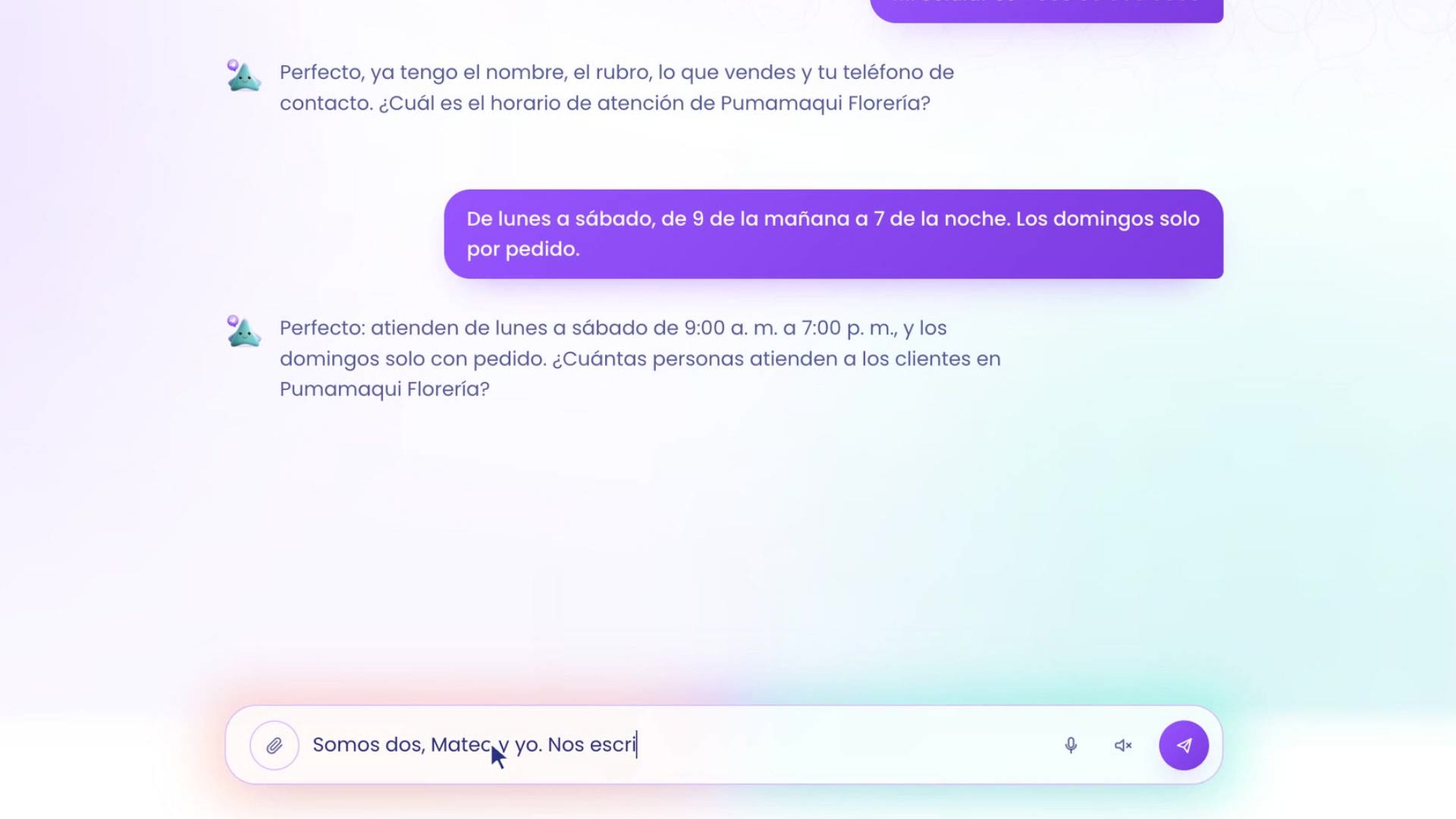 Daniela donne les horaires, du lundi au samedi de 9 heures à 19 heures et le dimanche uniquement sur commande. TBit demande combien de personnes répondent aux clients, et Daniela écrit : nous sommes deux, Mateo et moi ; environ trois cents personnes nous écrivent chaque mois.