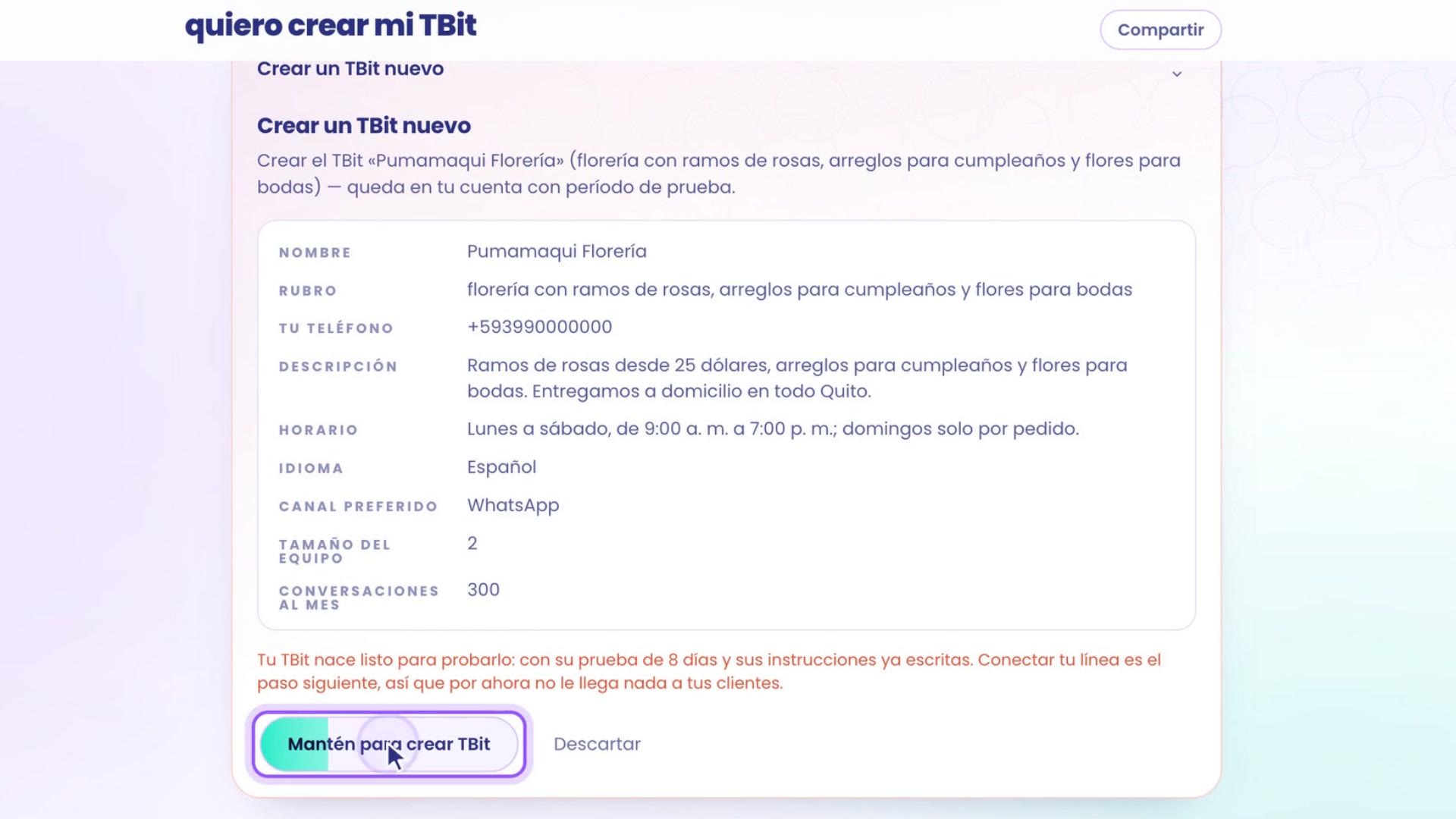Le bouton Maintiens pour créer TBit se remplit pendant que Daniela le maintient appuyé.