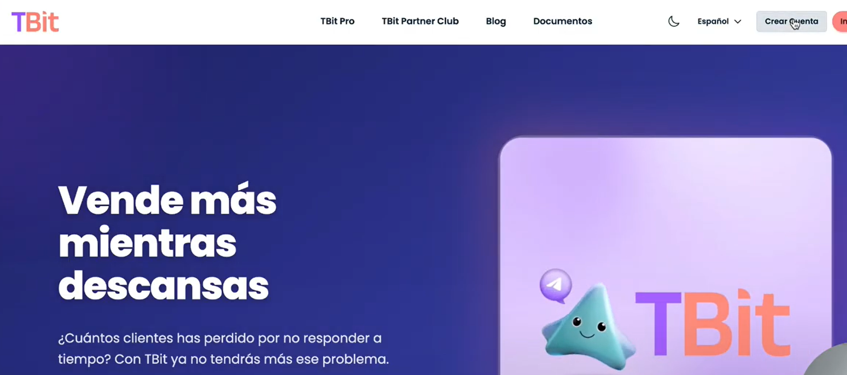 Pagina de inicio de TBit con boton Crear cuenta