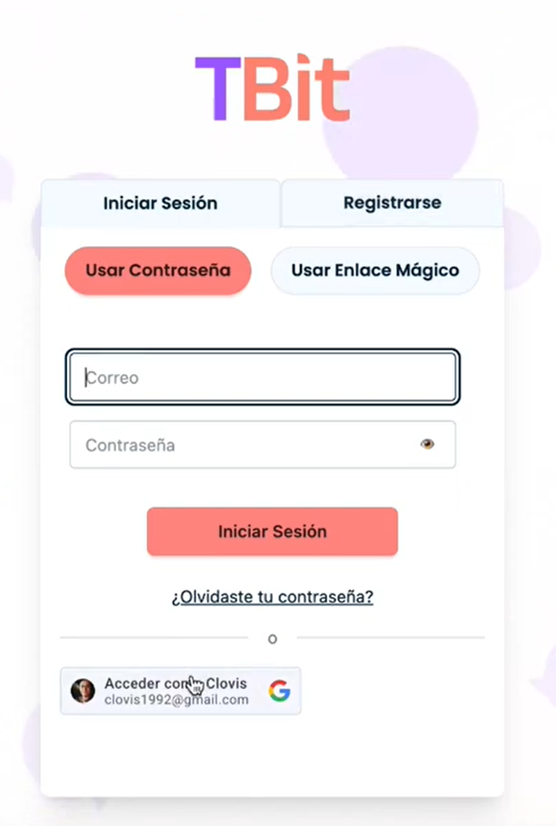 Registro con Gmail en TBit
