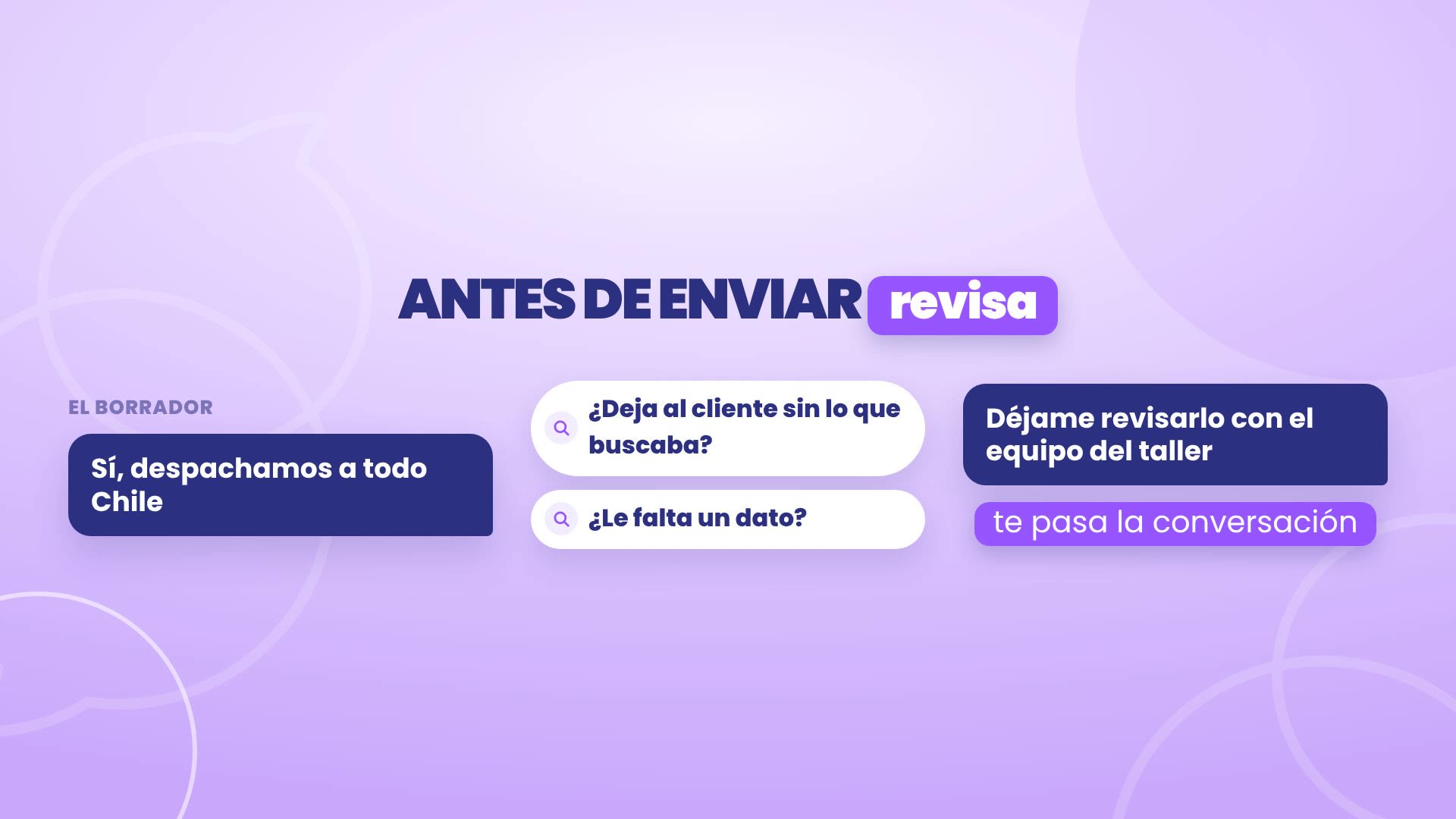 Avant d'envoyer, il vérifie : le brouillon dit « Oui, nous livrons partout au Chili ». TBit se demande si ça laisse le client sans ce qu'il cherchait et s'il manque une donnée. Au lieu de l'envoyer, il répond « Laisse-moi vérifier avec l'équipe de l'atelier » et te passe la conversation.
