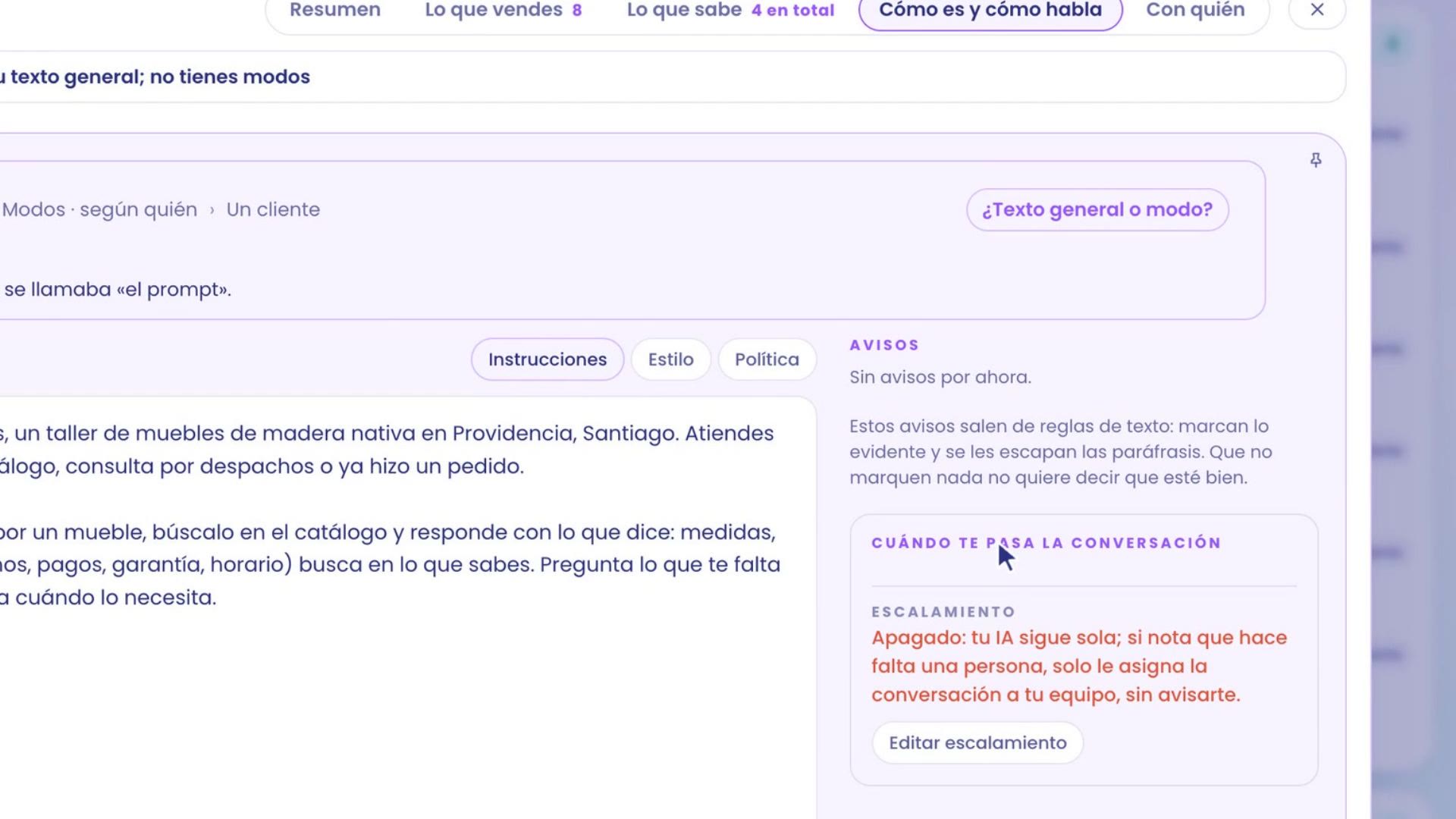 Ton IA, onglet Comment elle est et comment elle parle : à gauche le texte général de Roble ; à droite, Quand elle te passe la conversation, avec l'escalade désactivée et le bouton Modifier l'escalade.