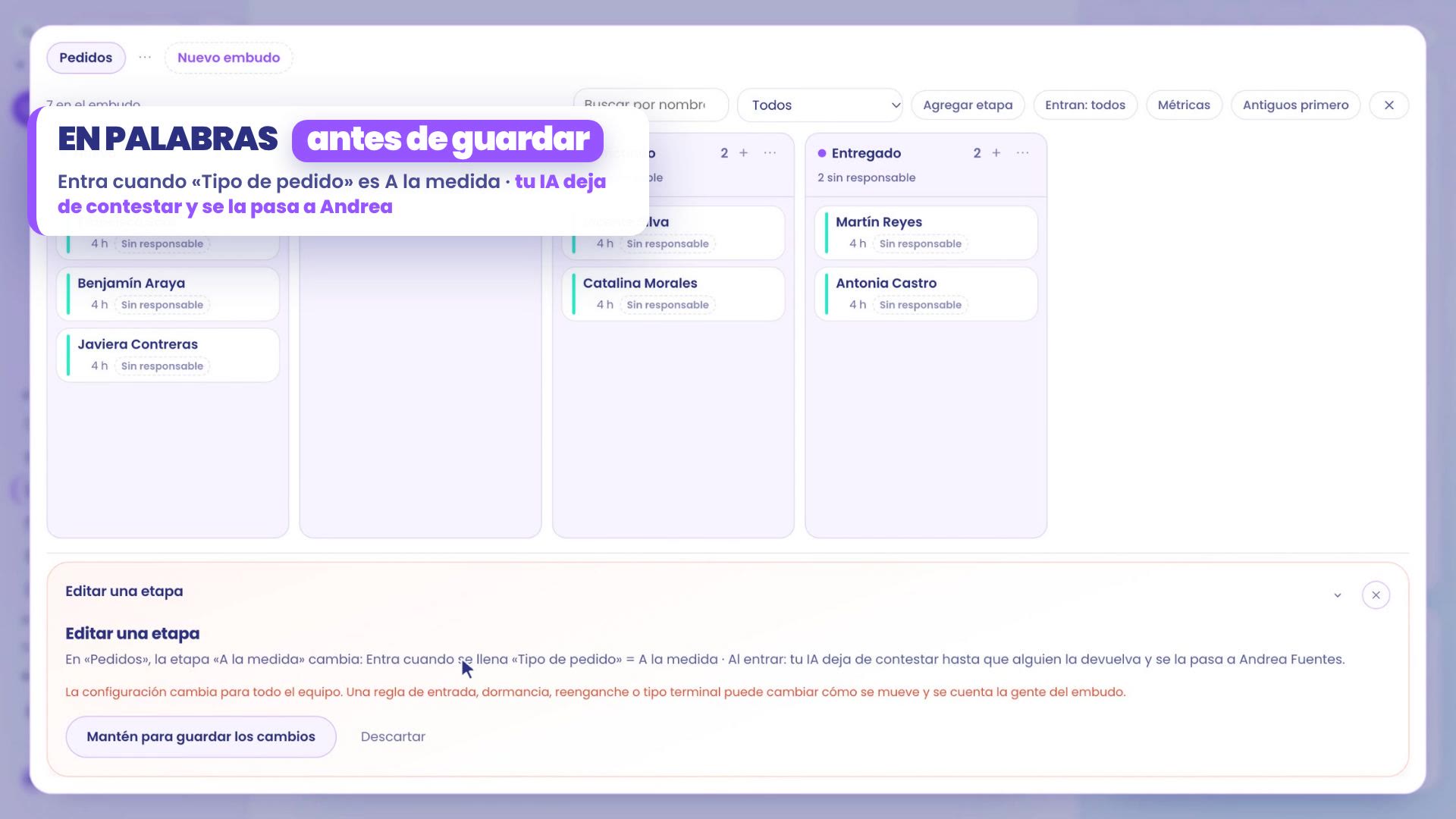 Avant d'enregistrer, la carte en mots : entre quand Type de commande est Sur mesure ; ton IA arrête de répondre et la transmet à Andrea. En bas, le bouton pour enregistrer en maintenant.