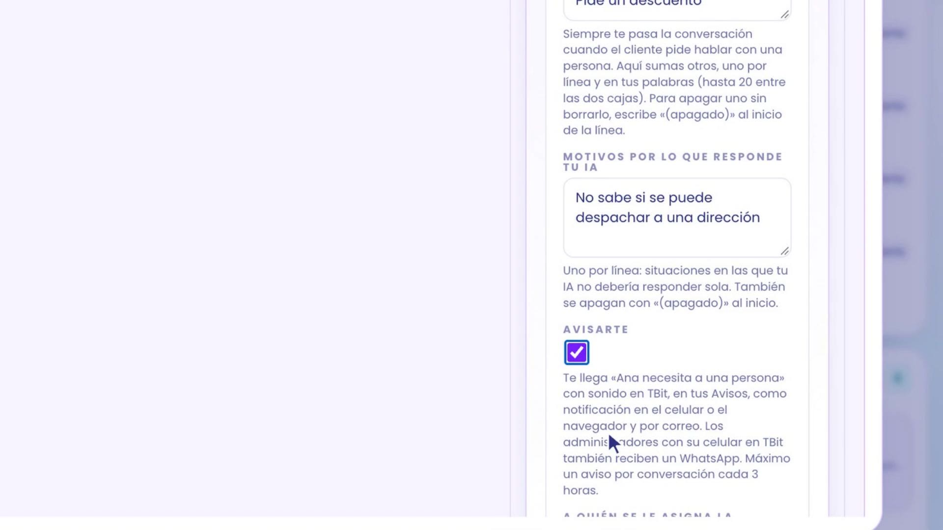 Motifs selon ce que répond ton IA : Ne sait pas si on peut livrer à une adresse. En dessous, T'avertir coché, avec l'explication de comment l'avis t'arrive.