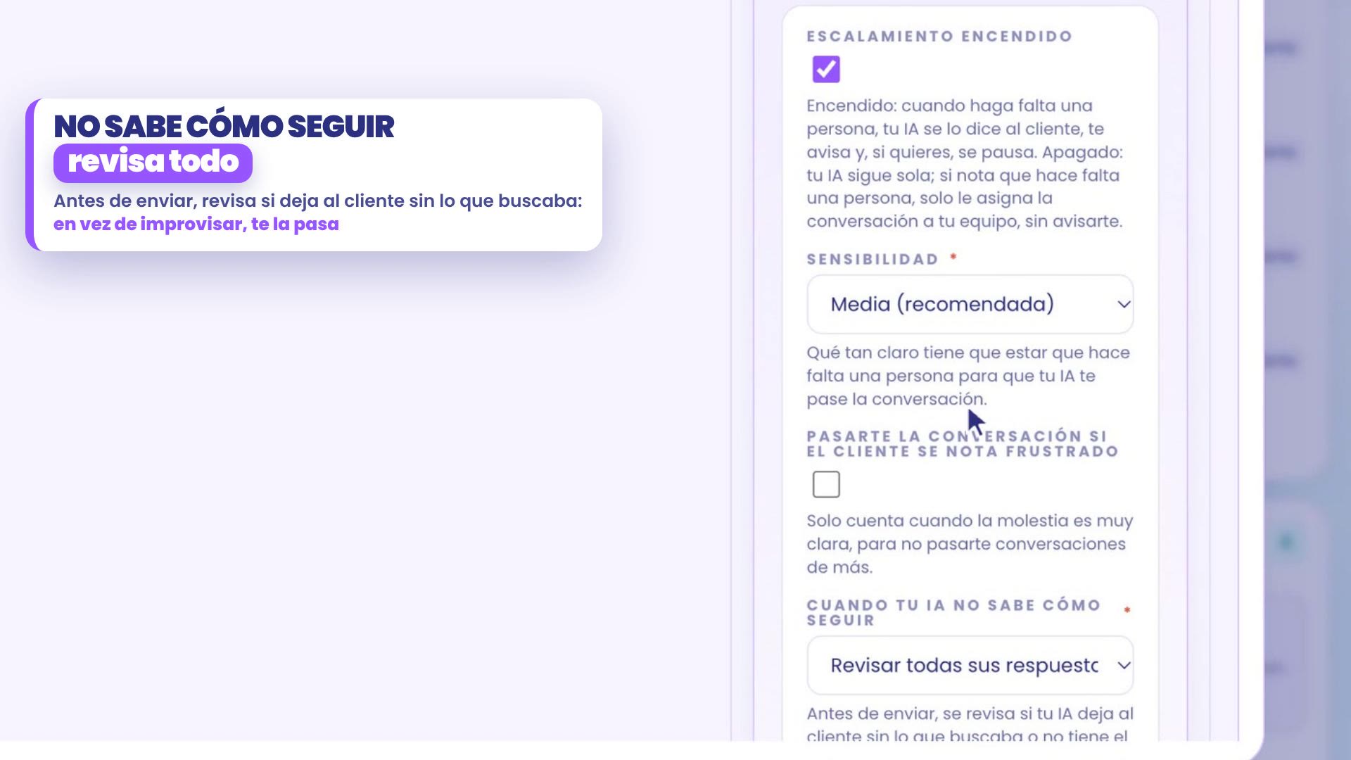 Le formulaire Escalade vers un humain : Escalade activée cochée, Sensibilité Moyenne (recommandée), et Quand ton IA ne sait pas comment continuer sur Vérifier toutes ses réponses.