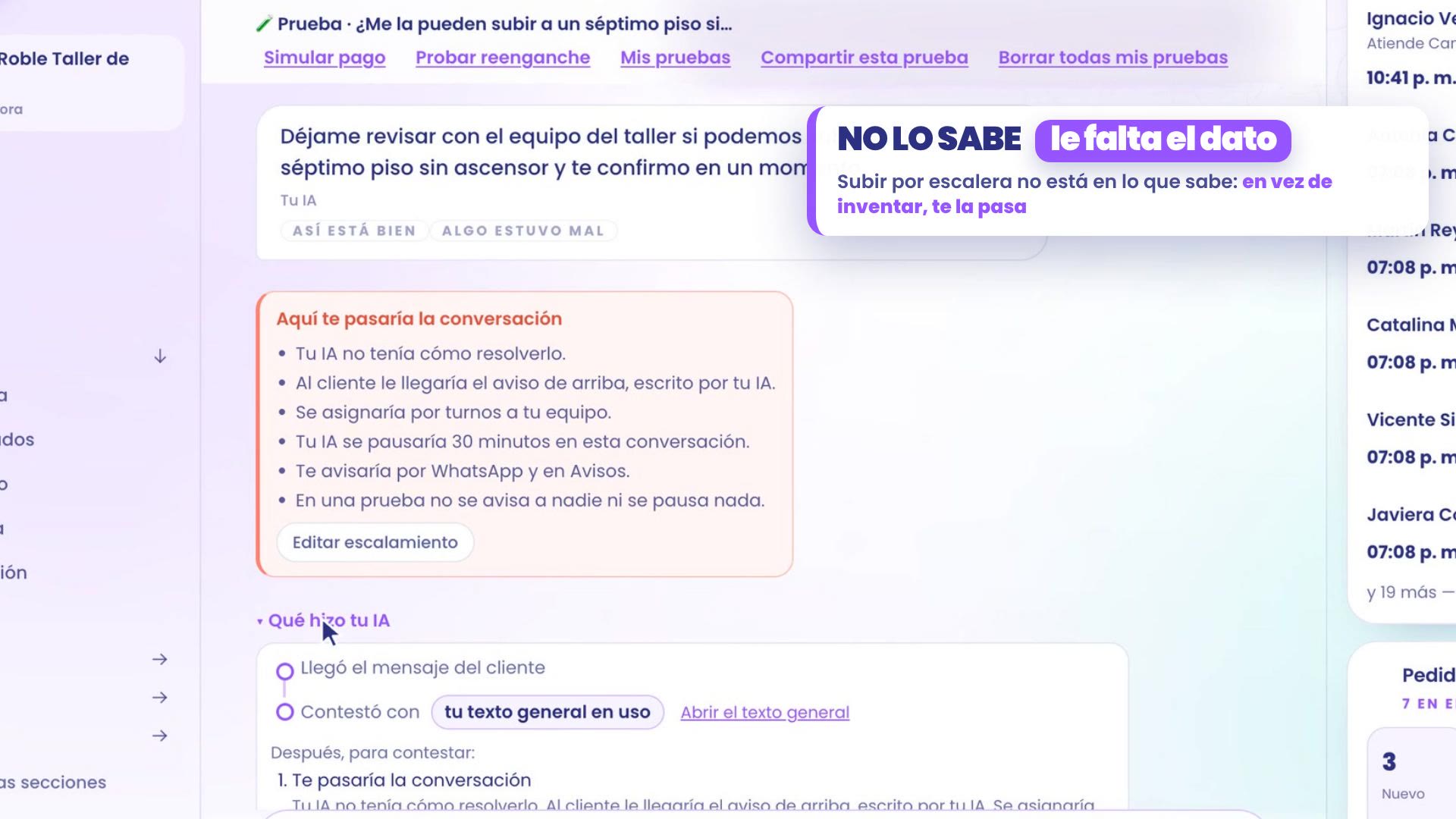 Test : est-ce qu'on peut me le monter au septième étage sans ascenseur ? Ton assistant répond « Laisse-moi vérifier avec l'équipe de l'atelier si on peut… », et la carte Ici, je te passerais la conversation indique qu'il n'avait pas de quoi résoudre ça.