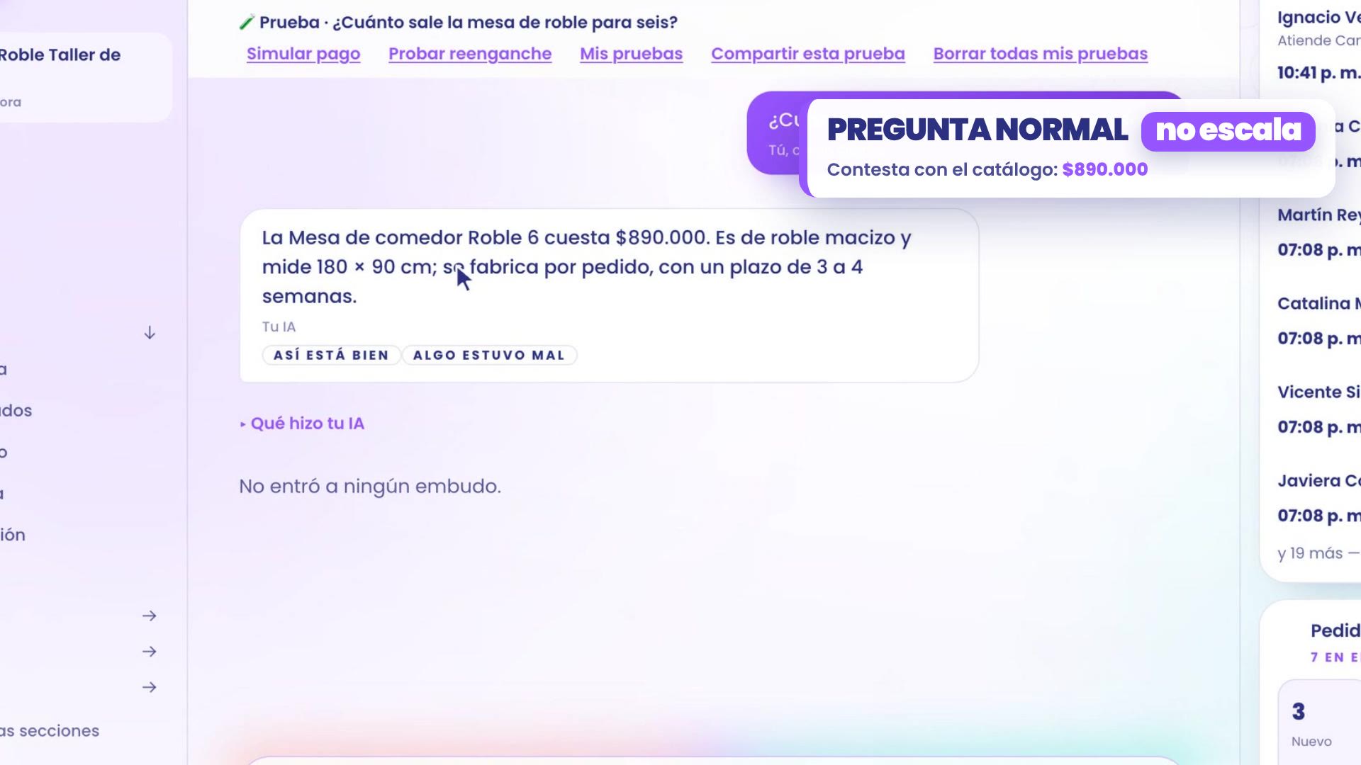 Nouveau test : la question sur la table en chêne pour six. Ton assistant répond que la Table de salle à manger Roble 6 coûte 890 000 $, en chêne massif, avec un délai de 3 à 4 semaines. Pas de carte d'escalade.