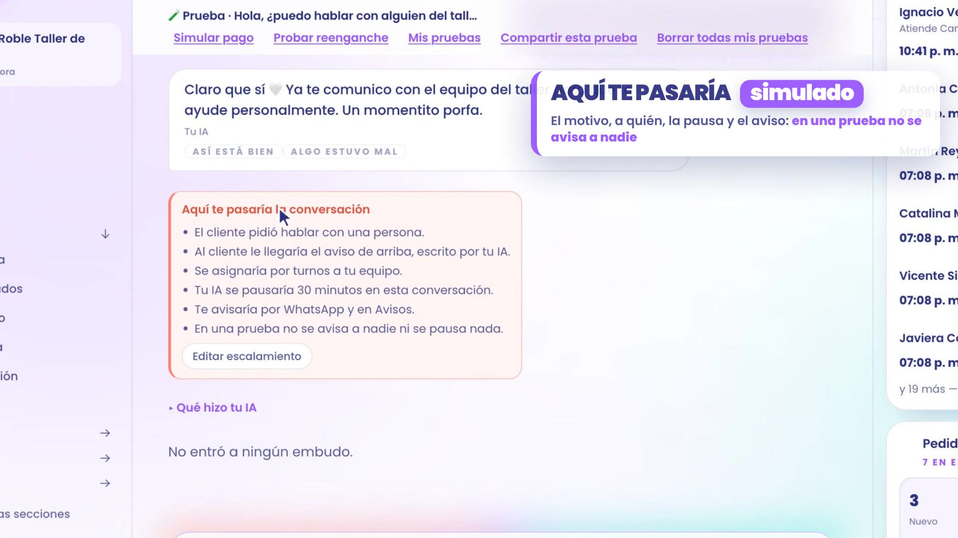 Tester : le client demande à parler à quelqu'un de l'atelier et ton assistant répond « Bien sûr, je te mets en relation avec l'équipe de l'atelier ». En dessous, la carte Ici, je te passerais la conversation, avec le motif, l'avis, l'attribution par tours, la pause de 30 minutes, l'avis par WhatsApp et Dans un test, personne n'est prévenu et rien n'est mis en pause.