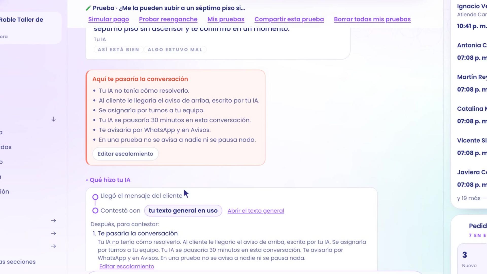 Ce que ton IA a fait, ouvert sous la réponse : le message du client est arrivé, il a répondu avec ton texte général en cours et, ensuite, Je te passerais la conversation, avec la raison.
