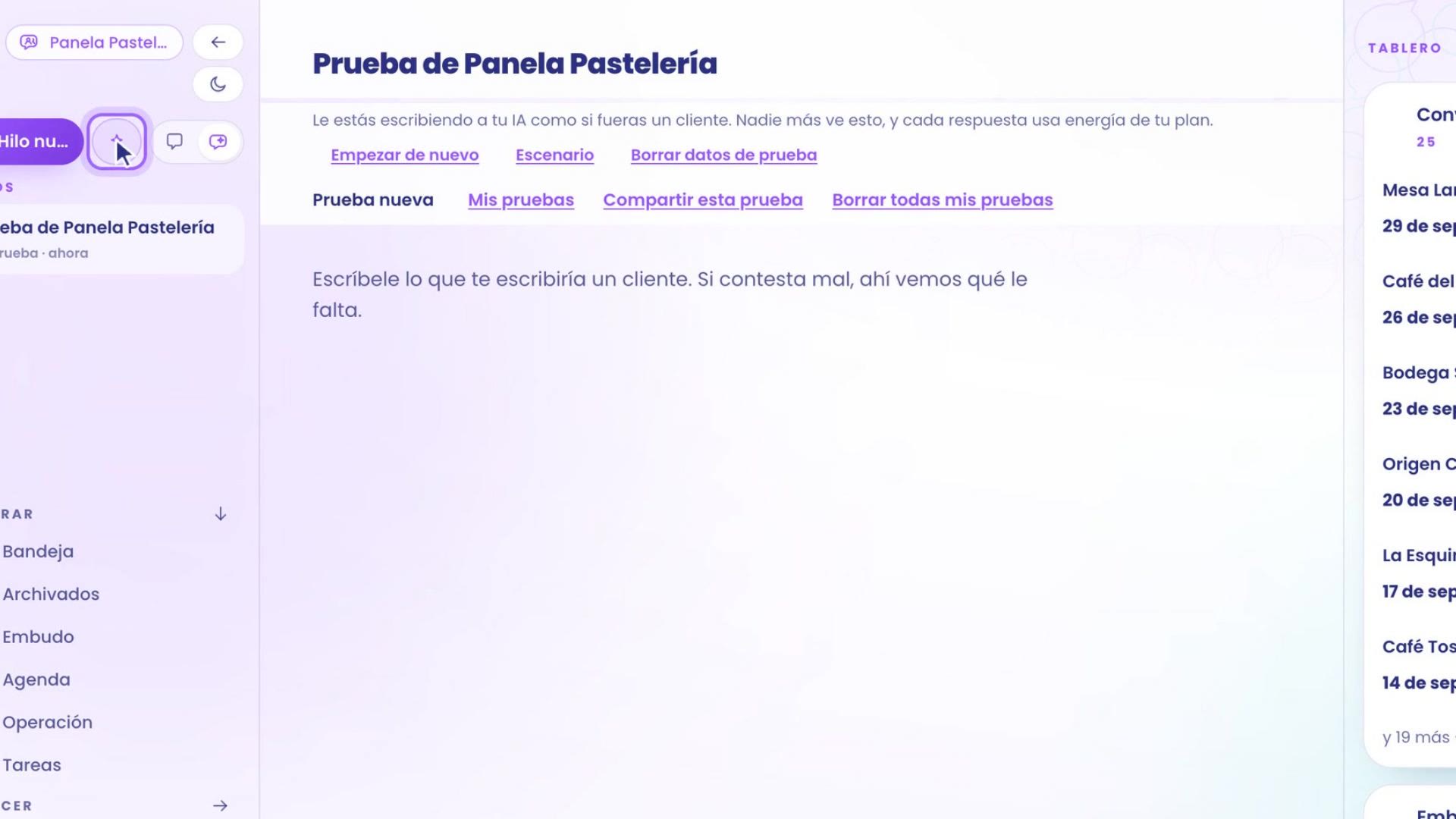 Prueba de Panela Pastelería: el botón Probar mi IA, junto a Hilo nuevo, arriba a la izquierda. El chat de prueba dice: Escribe lo que te escribiría un cliente. Si contesta mal, ahí vemos qué le falta.