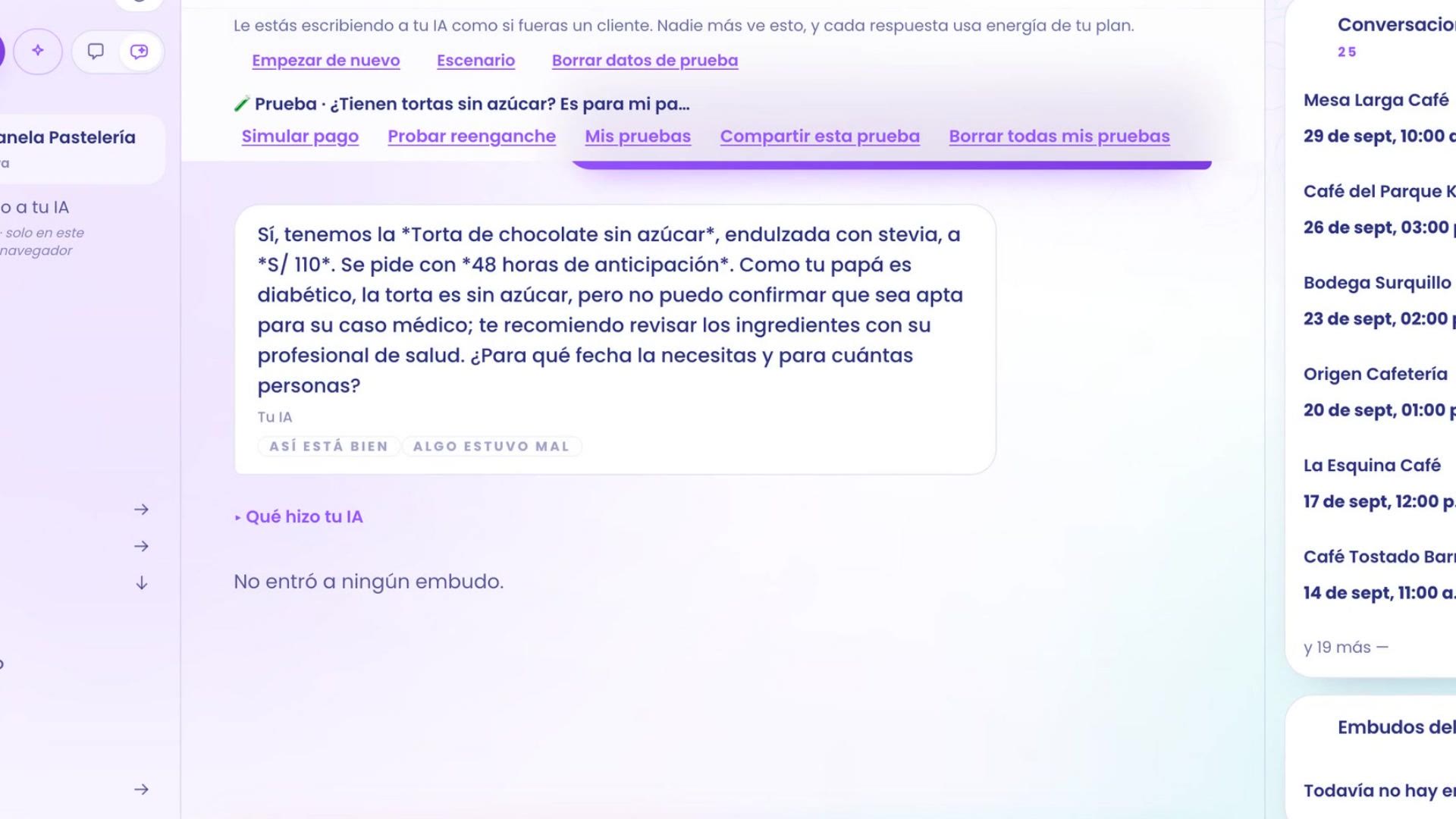 La misma prueba: ahora la respuesta dice que tienen la Torta de chocolate sin azúcar, endulzada con stevia, a S/ 110, que se pide con 48 horas de anticipación, y pregunta para qué fecha y para cuántas personas.