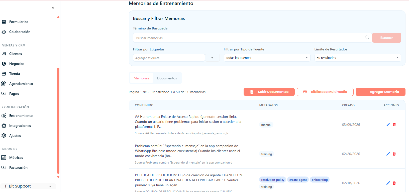 Modulo de Memorias de entrenamiento