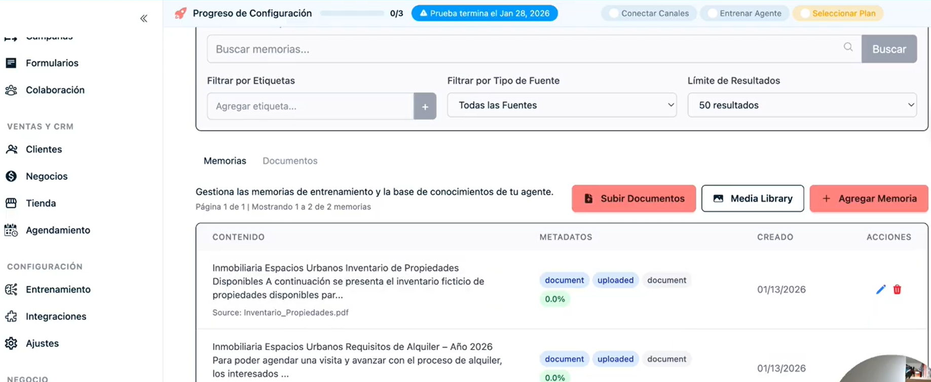Lista de memorias de entrenamiento