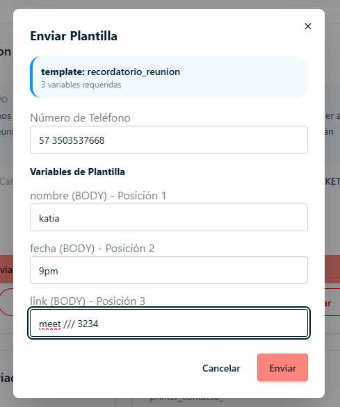 Formulario de datos para envio de plantilla